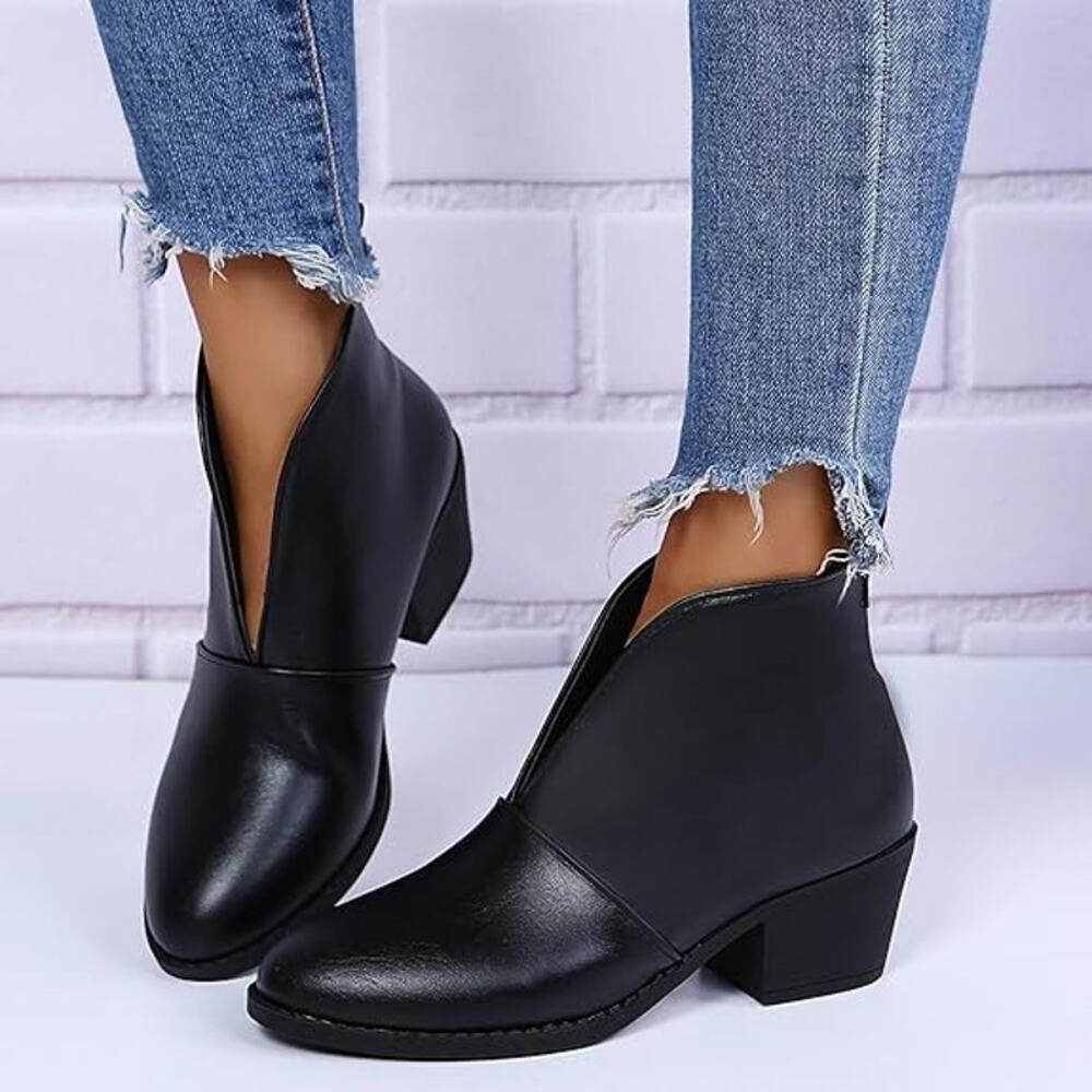 Women Chunky Heel Ankle BootsV Cut Fashion Slip on Black Size 6.5US / 37CN